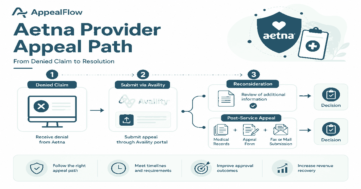 Flowchart showing Aetna provider appeal form options through Availity portal, fax, and mail for commercial and Medicare claims