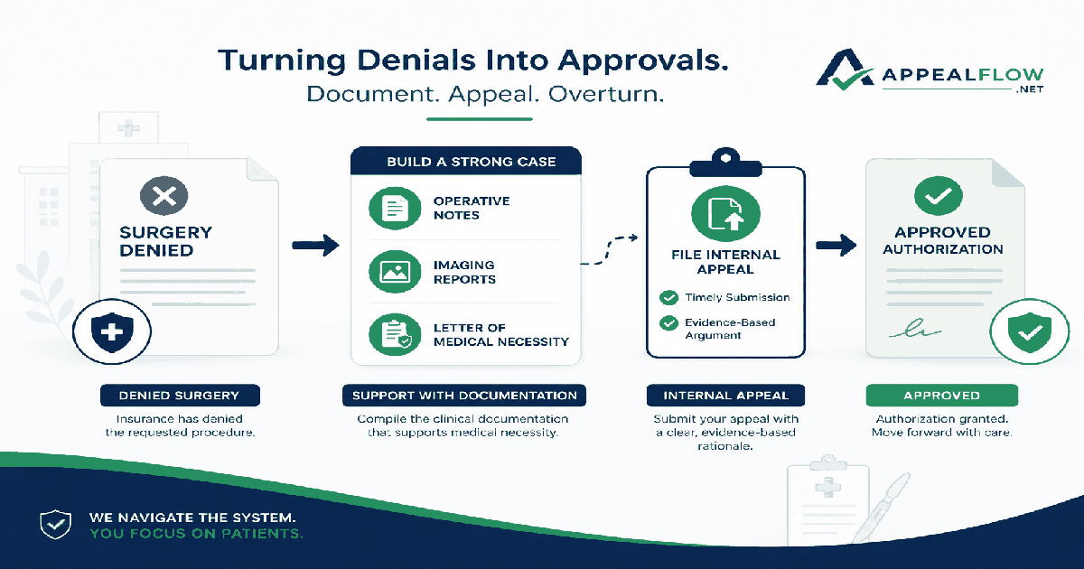 Annotated appeal letter for physical therapy denial showing diagnosis, PT visit notes, visit limit criteria, and appeal deadline sections
