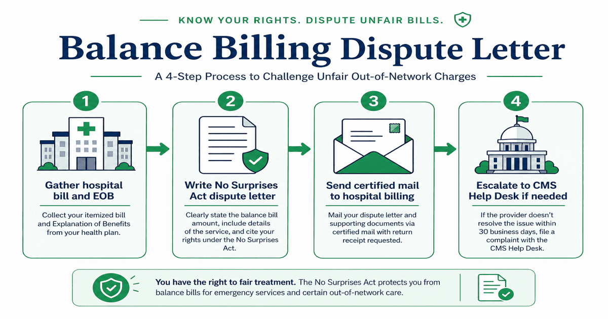 Flowchart showing balance billing dispute letter steps from gathering hospital bills and EOBs through No Surprises Act escalation to the CMS Help Desk
