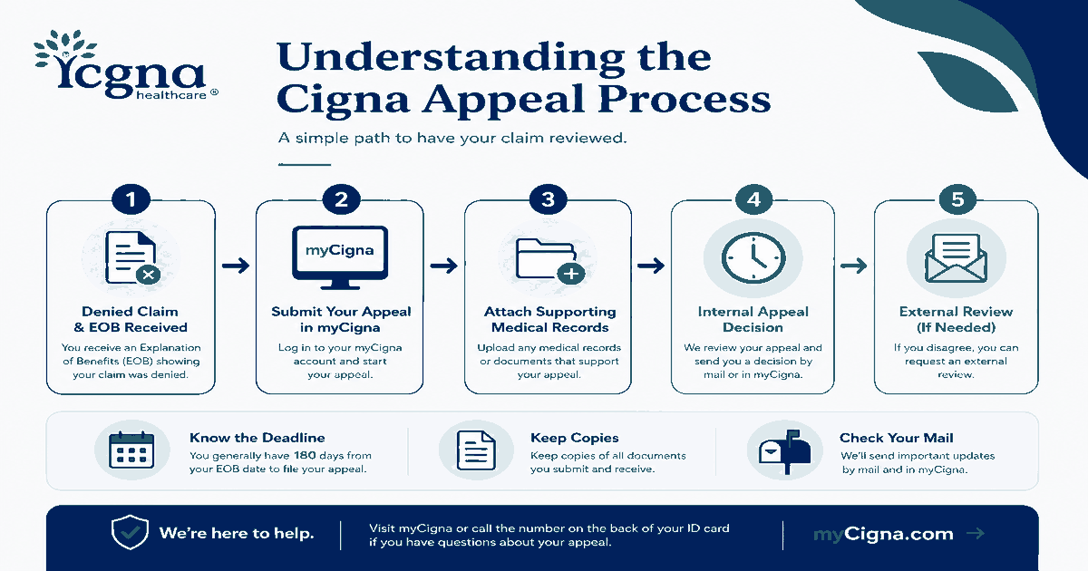 Flowchart showing Cigna denied claim appeal steps from EOB review through myCigna submission to external review