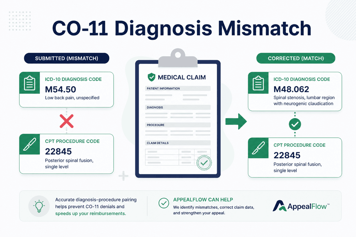 CO-11 diagnosis inconsistent with procedure denial guide showing ICD-10 and CPT code review and appeal steps