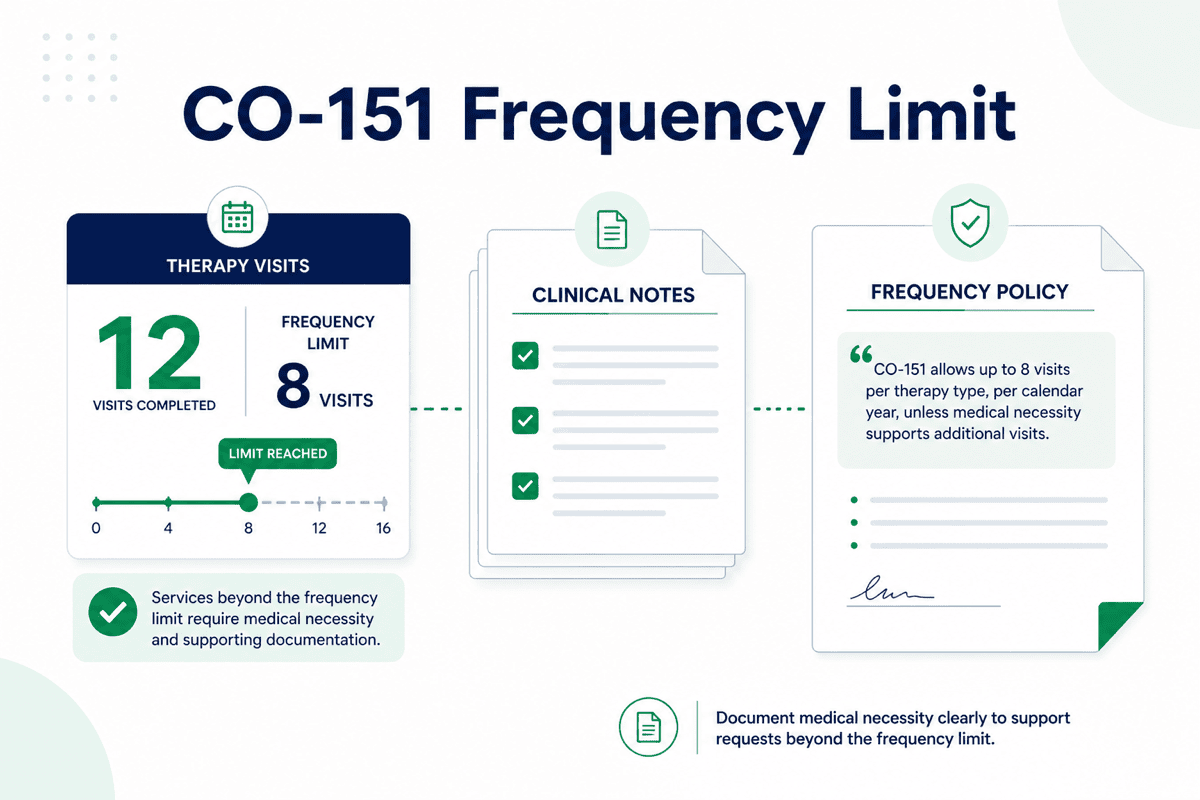 CO-151 frequency limitation denial appeal guide showing visit limits, clinical documentation, and appeal letter steps