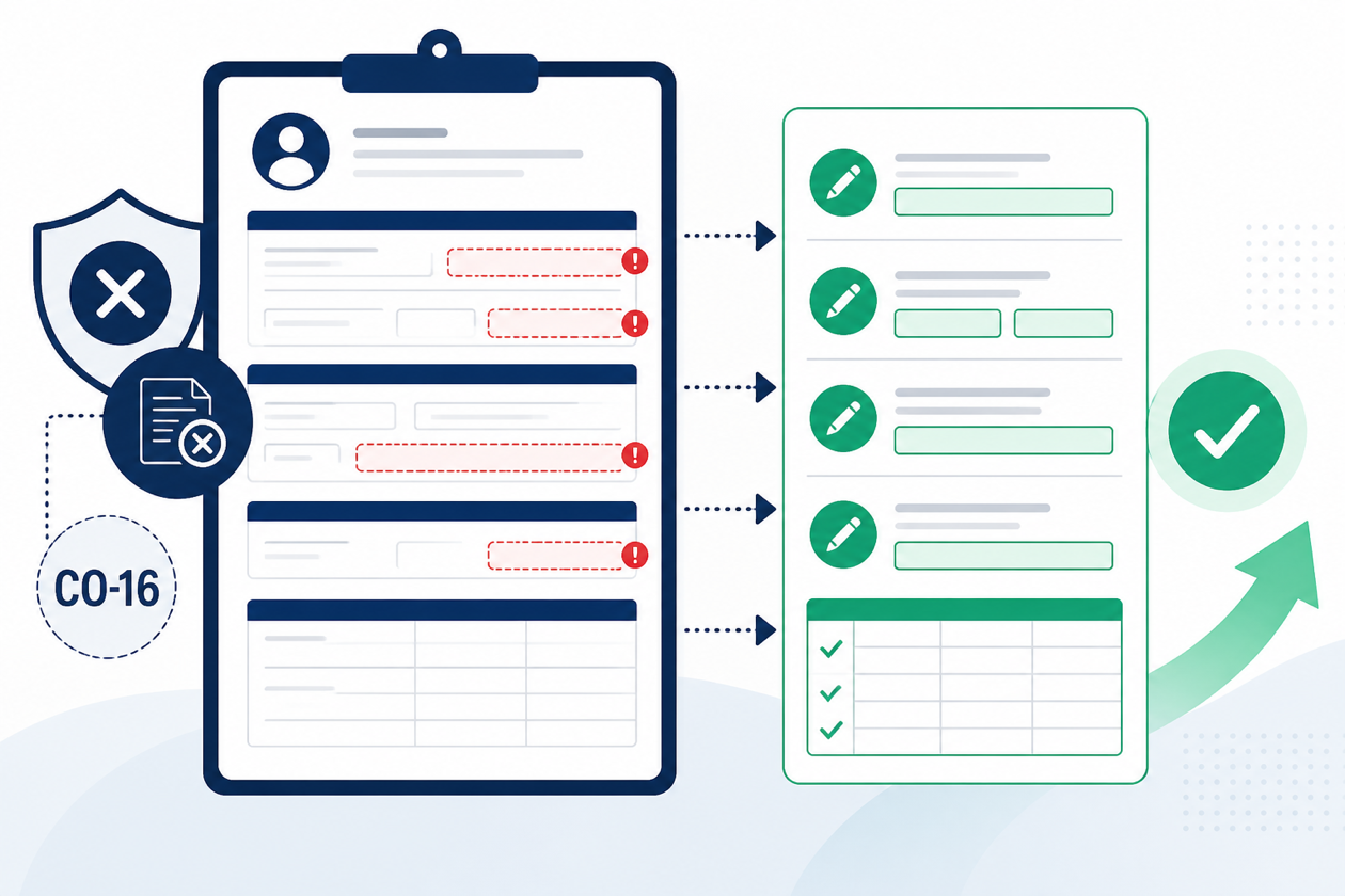 CO-16 missing information denial guide showing incomplete claim fields, corrected claim resubmission, and appeal documentation checklist