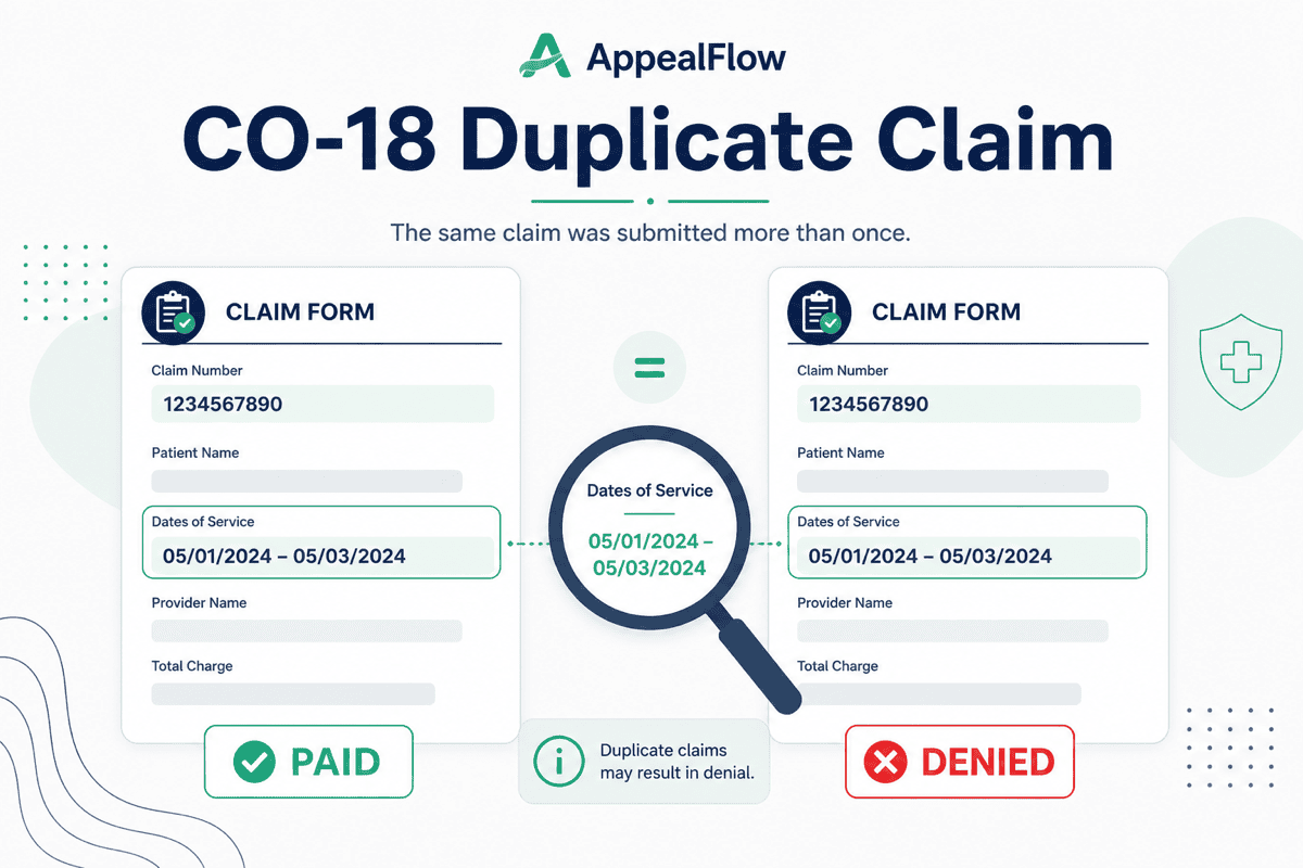 CO-18 duplicate claim denial guide comparing two claim numbers, dates of service, and appeal documentation