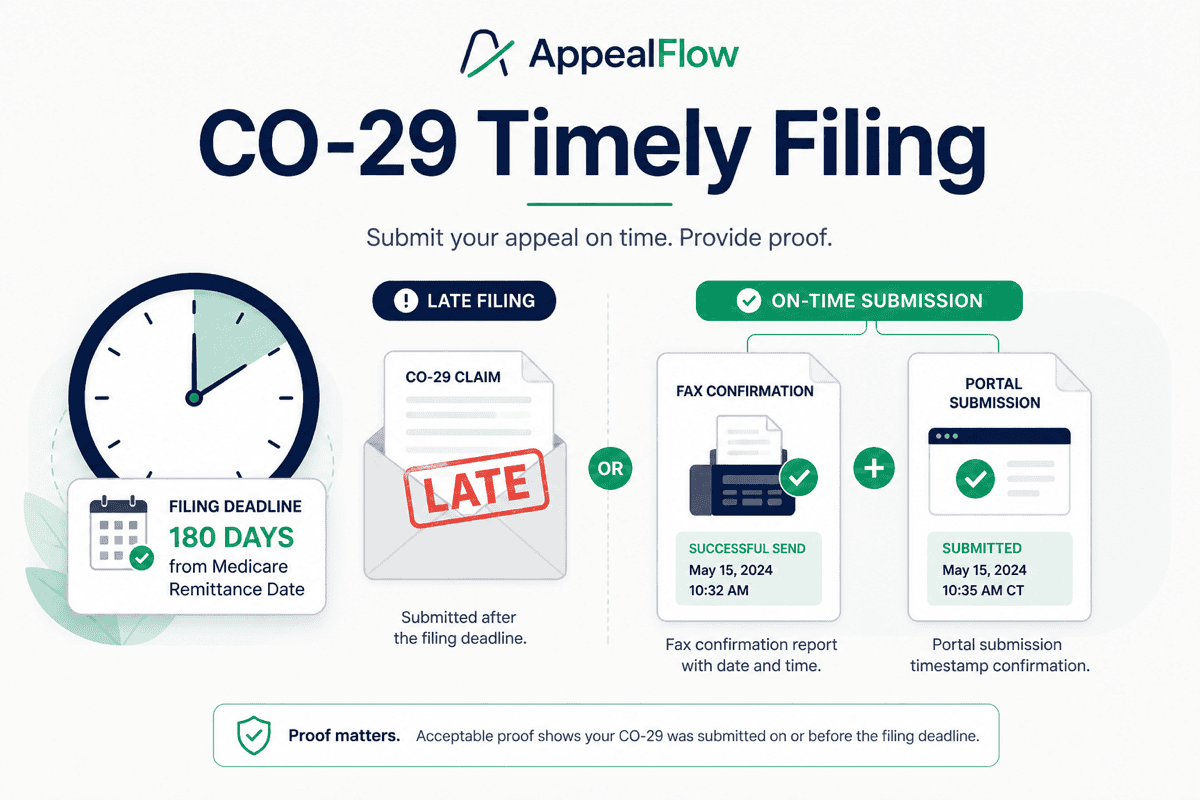 CO-29 timely filing limit denial appeal guide with filing deadline clock, proof of submission documents, and appeal steps