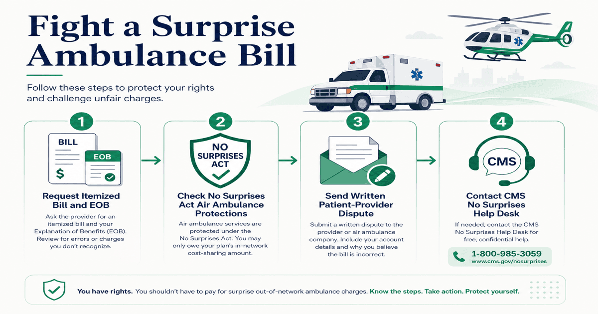 Four-step flowchart for fighting doctor insurance network denials: verify network status, check No Surprises Act protections, file internal appeal, escalate to external review