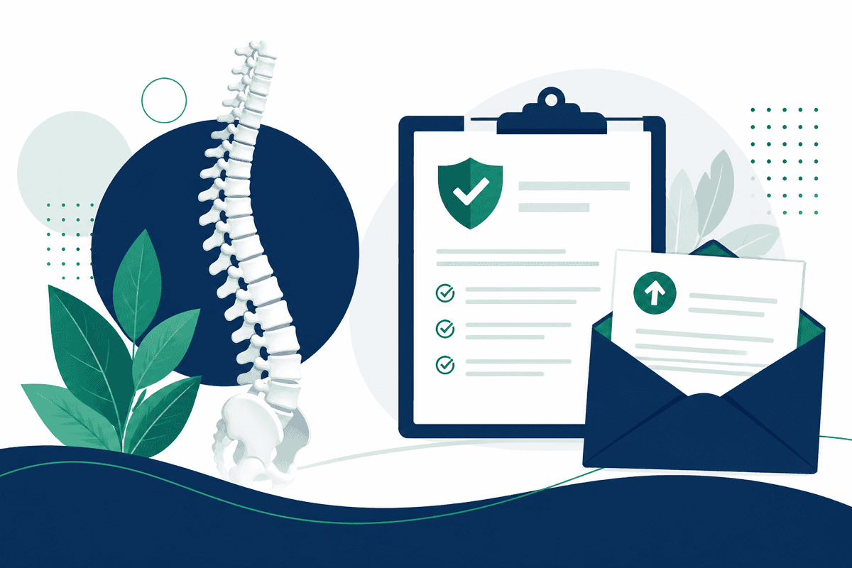 Flowchart showing commercial Medicare and Medicaid chiropractic coverage rules and medical necessity appeal steps after a denied claim
