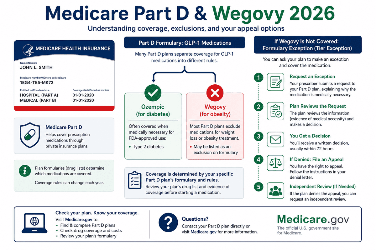 Flowchart showing Medicare Part D weight-loss drug exclusion rules and Wegovy formulary exception appeal paths for beneficiaries