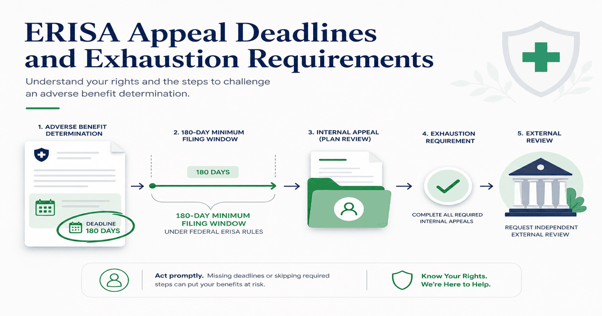 Timeline diagram showing ERISA health insurance appeal deadline with 180-day federal floor, internal appeal filing, and exhaustion requirement before external review