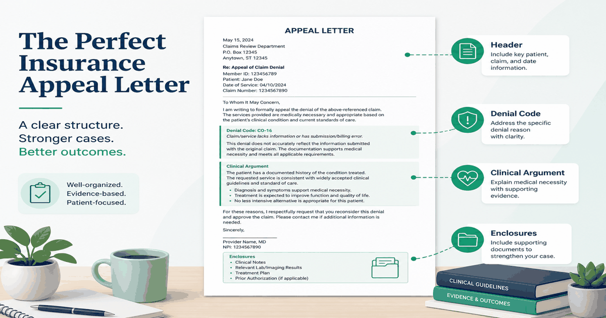 Annotated health insurance appeal letter sample showing header block, denial code section, clinical argument, and enclosure list