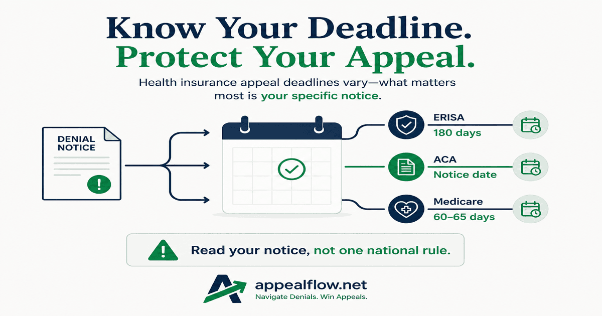 Calendar diagram showing ERISA 180-day, ACA notice, and Medicare 60- to 65-day health insurance appeal deadline tracks from a denial letter