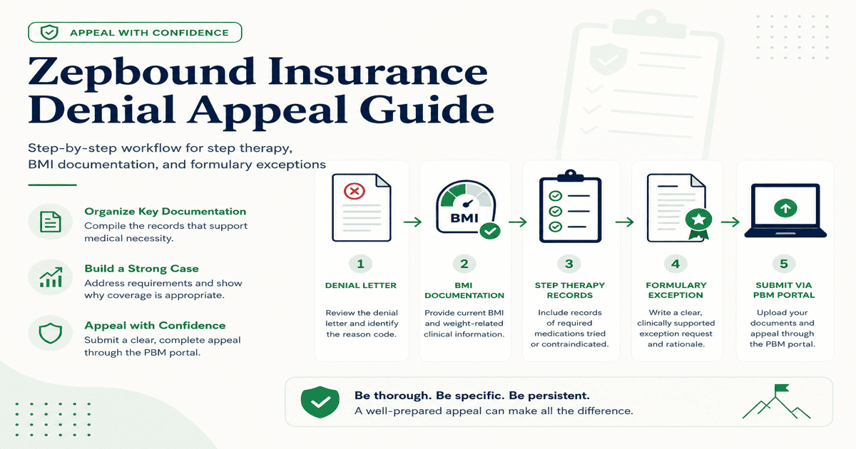 Flowchart showing how to appeal a denied surgery from denial letter through document checklist to internal appeal filing