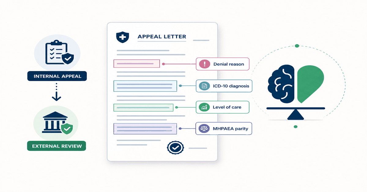 Mental health treatment denial appeal letter template showing denial criteria, clinical attachments, MHPAEA parity comparison, and internal appeal filing steps