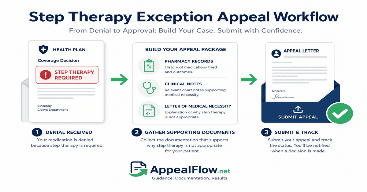Step therapy exception appeal workflow showing denial letter, pharmacy records checklist, and internal appeal filing steps