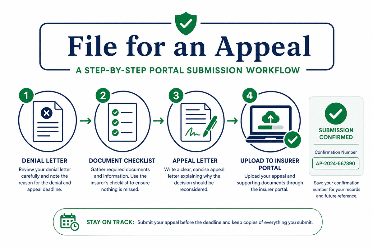 Flowchart showing how to file for a health insurance appeal through plan portals, PBM systems, and proof of submission before the deadline