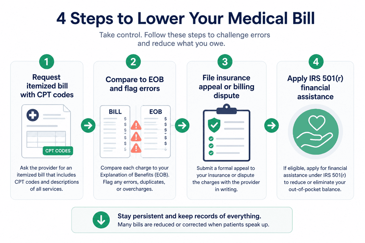 Four-step flowchart for lowering a medical bill: request itemized bill, compare to EOB, file insurance appeal, and apply for IRS 501(r) financial assistance