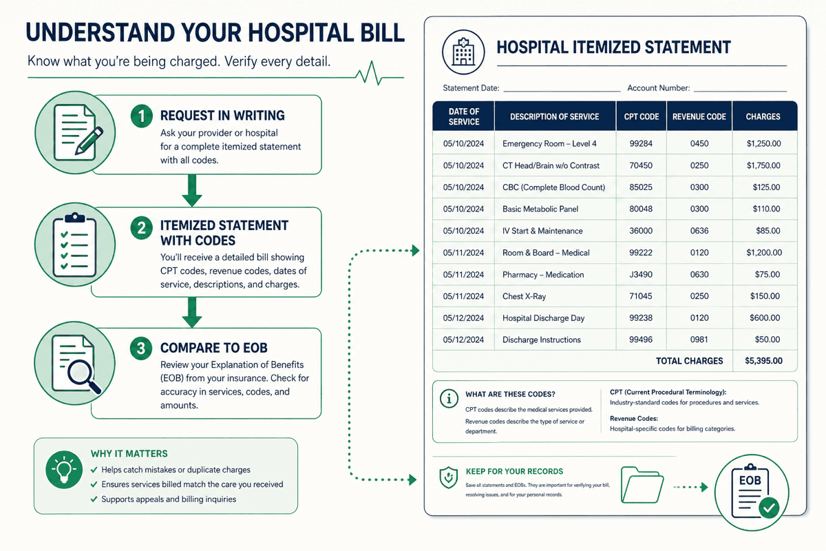 Diagram showing how to request an itemized hospital bill with CPT codes, revenue codes, and line-by-line charges to compare against an Explanation of Benefits