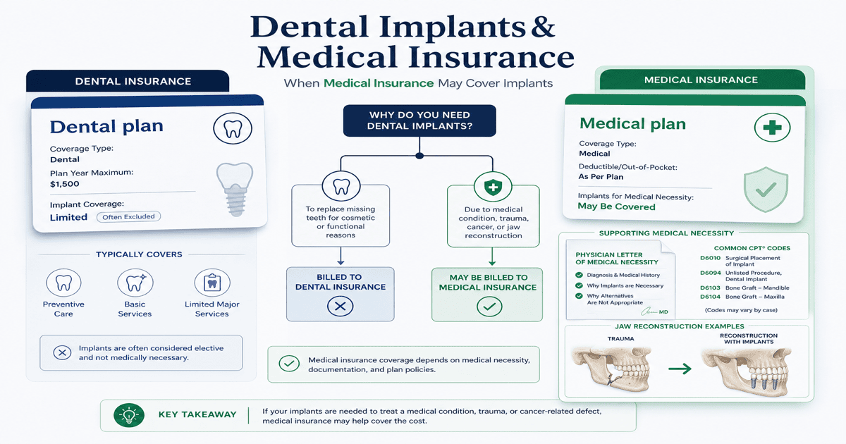 Medical insurance dental implant coverage guide showing physician letter of medical necessity, CPT billing codes, and trauma reconstruction pathway versus dental plan limits