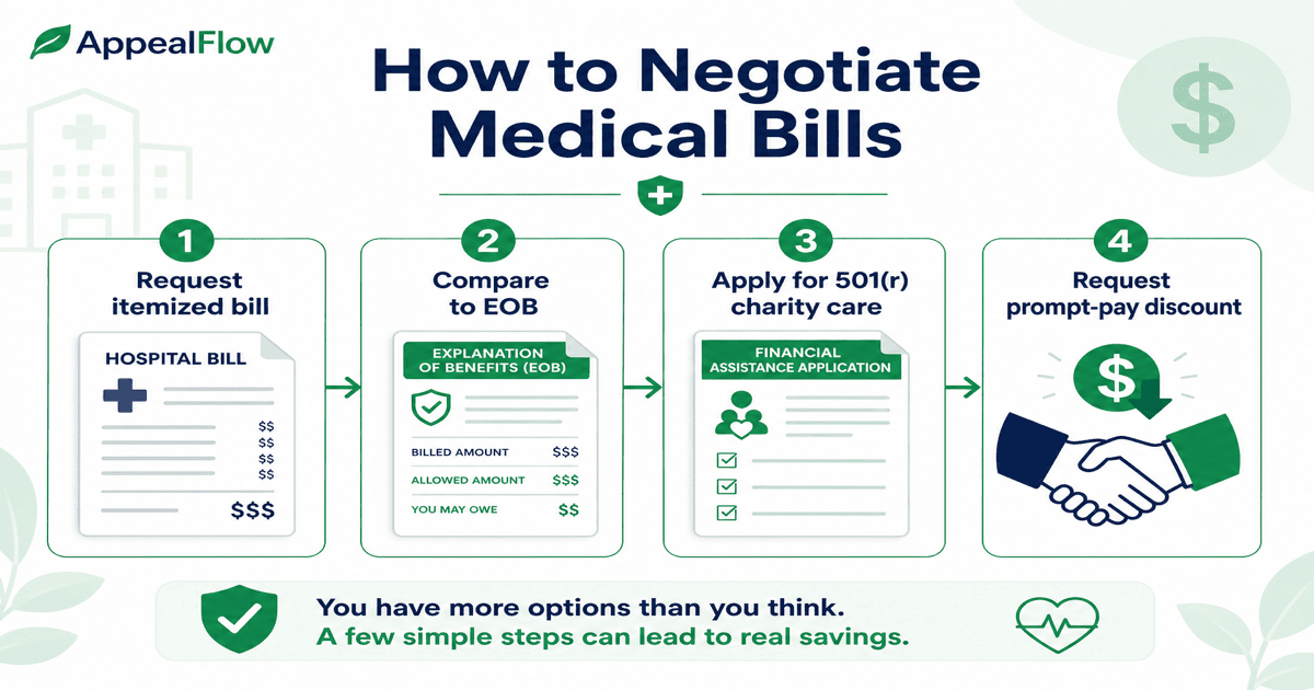 Four-step flowchart for negotiating medical bills: request itemized bill, compare to EOB, apply for IRS 501(r) charity care, and request prompt-pay discount