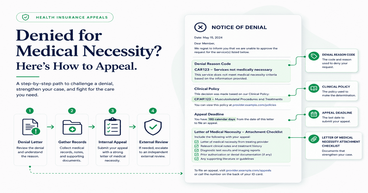 Flowchart showing final internal denial, external review request to an independent review organization, and binding coverage decision after a health insurance denial