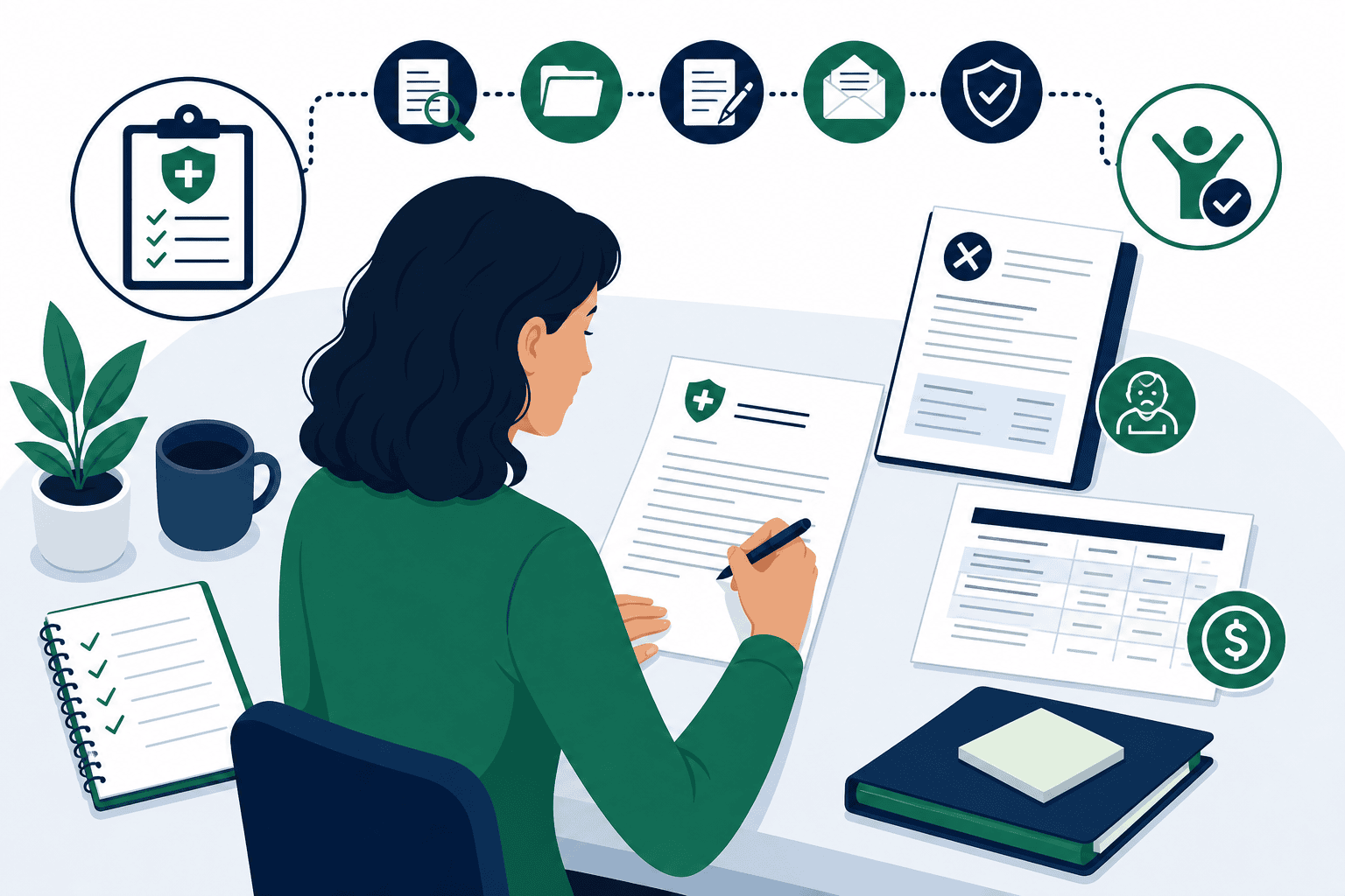 Illustration of drafting a formal health insurance letter of appeal with denial letter, EOB, and document checklist