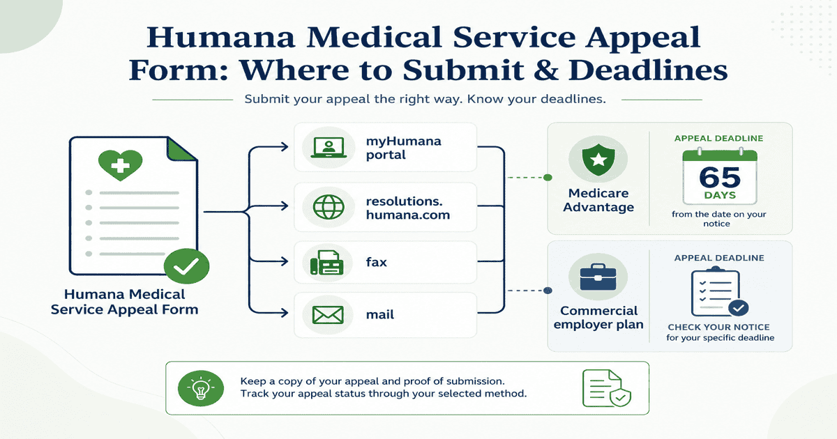 Flowchart showing Humana Medical Service Appeal Request form filing paths through myHumana portal, resolutions.humana.com, and mail for Medicare Advantage and commercial plans