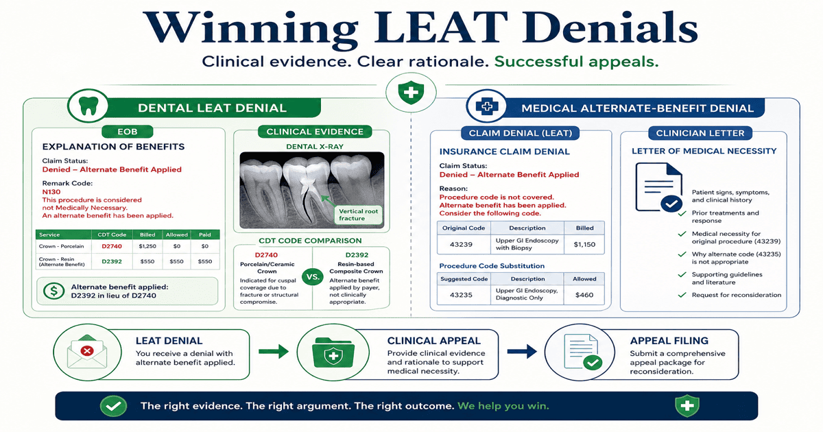LEAT denial appeal workflow showing alternate benefit adjustment on a dental EOB, medical claim code substitution, clinical radiograph evidence, and internal appeal filing steps