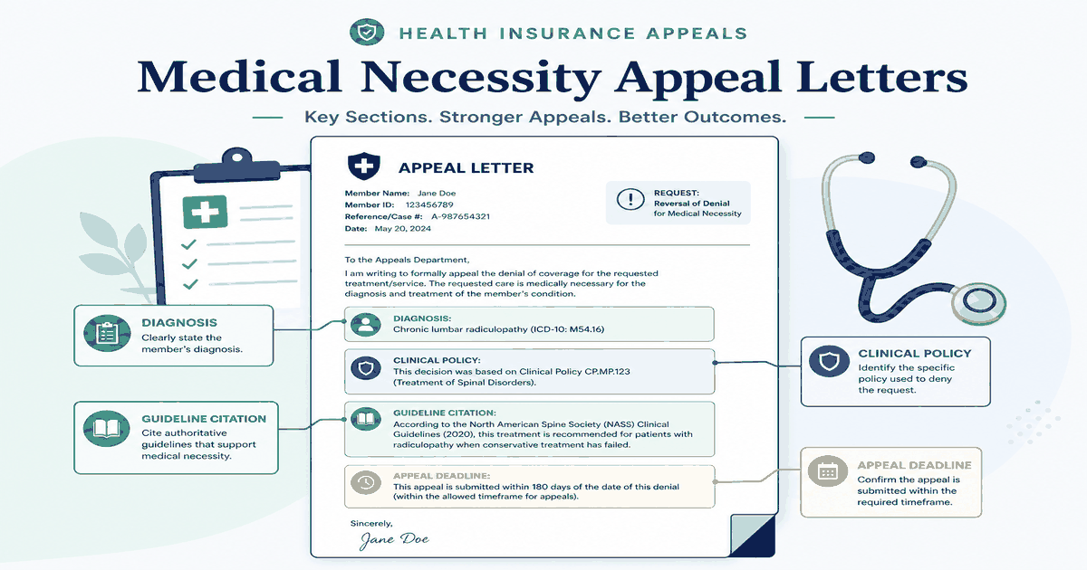 Annotated medical necessity appeal letter template showing diagnosis, clinical policy, guideline citation, and appeal deadline sections