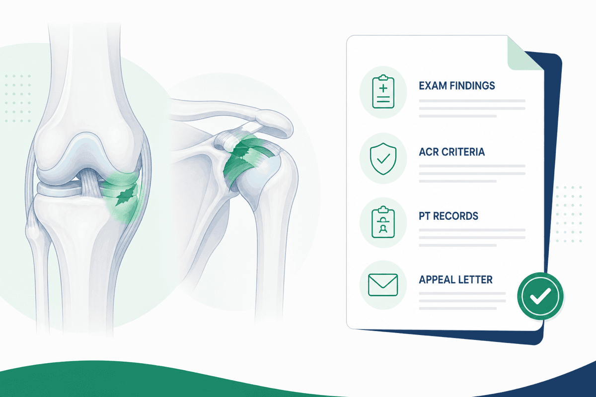 Knee and shoulder MRI medical necessity appeal checklist showing exam findings, ACR criteria, conservative treatment records, and appeal letter