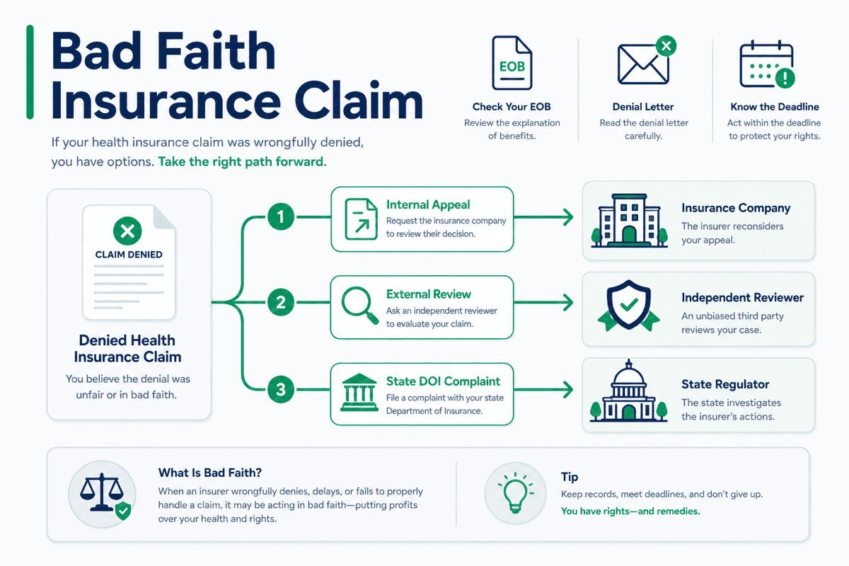 Flowchart showing internal ERISA and ACA appeal, state insurance commissioner complaint, and state bad faith remedies after a health insurance denial