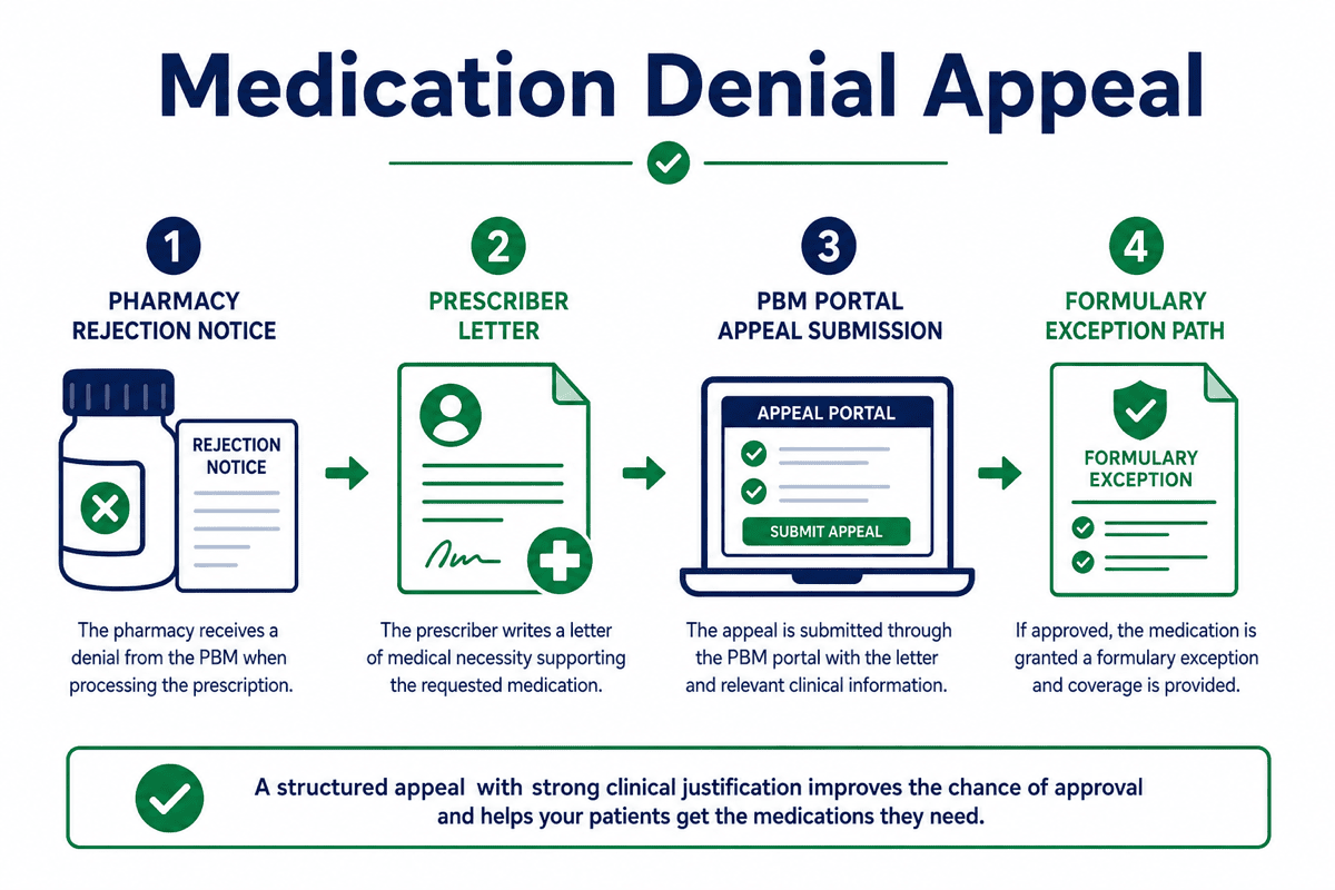 Flowchart showing what to do if insurance denies medication from reading the pharmacy denial notice through PBM appeal submission