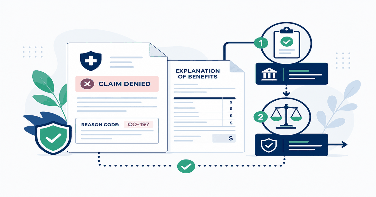 Flowchart showing denial letter review, internal health insurance appeal, and external review steps after a claim is denied