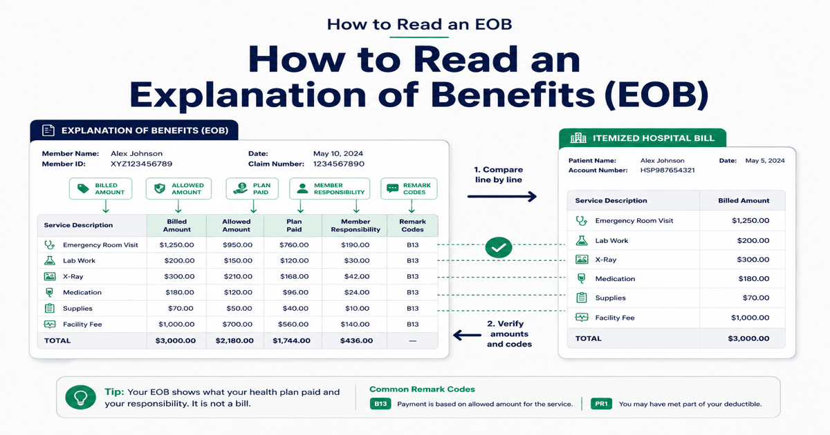 Flowchart of common health insurance claim denial reason codes including CO-50 and CO-197 with internal appeal and corrected claim paths