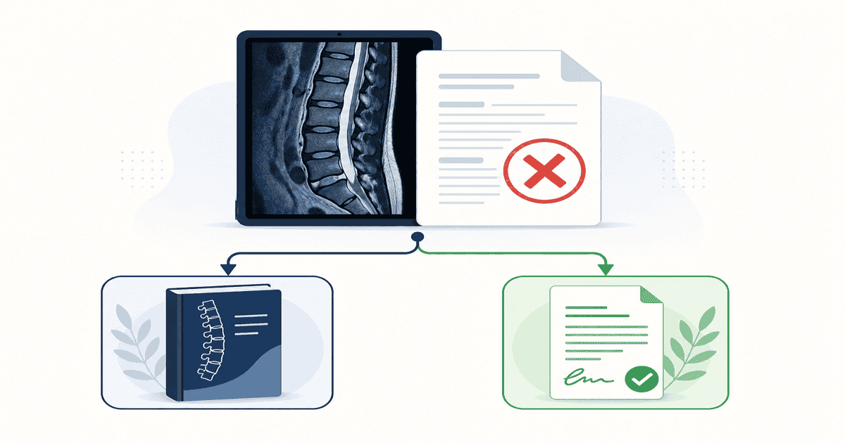 Dental implant denial appeal checklist showing LEAT downcode reason, panoramic X-ray radiograph, and CDT code documentation for missing teeth