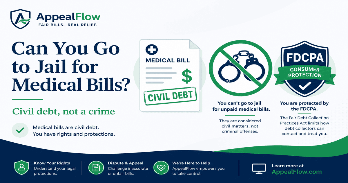 Diagram contrasting civil medical debt collection steps with criminal prosecution and showing FDCPA protections against arrest threats