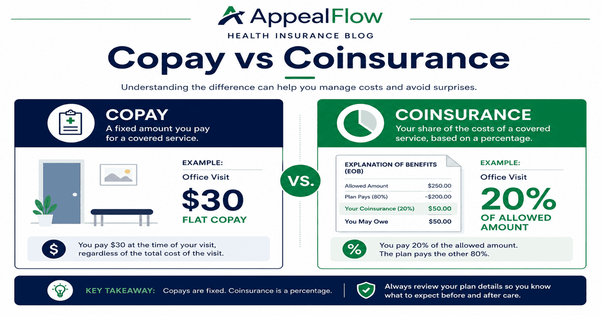 Comparison chart explaining copay flat fees versus coinsurance percentages on a health insurance Explanation of Benefits