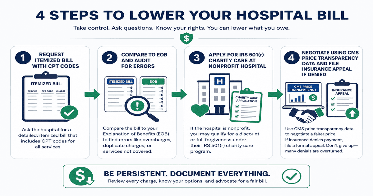 Four-step flowchart for lowering a hospital bill with itemized audit, EOB comparison, IRS 501(r) charity care, and CMS price transparency negotiation