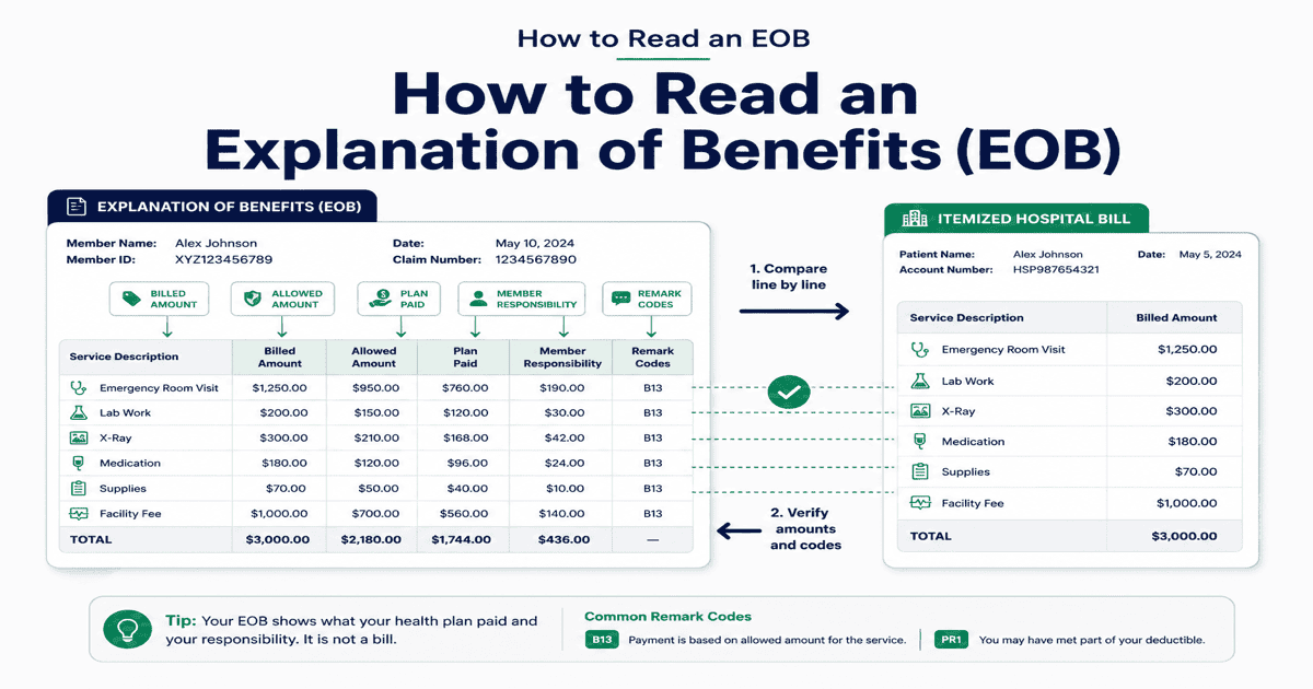 Annotated Explanation of Benefits form showing billed amount, allowed amount, plan paid, member responsibility, and remark codes compared to an itemized hospital bill