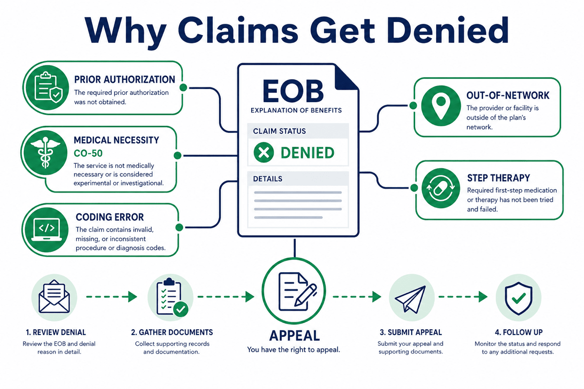 Flowchart showing why insurance would deny a health claim with common reason codes and internal appeal paths